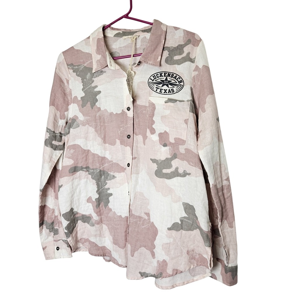 Mystree Button Down Shirt Womens Medium Pink Camo Luckenbach Texas Cotton Casual